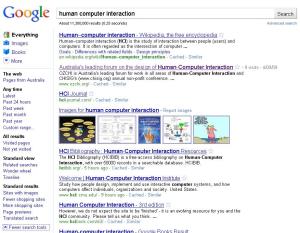Google search results showing a range of left-hand facets and an updated interface, for example a new button shape.